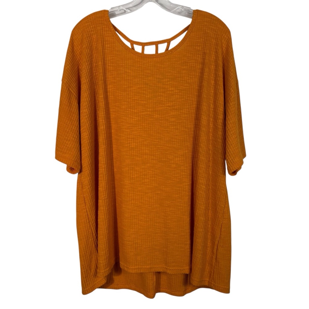 Cato Orange Lightweight Ribbed Cutout Back Wooden Hoop Detail Blouse Plus Size